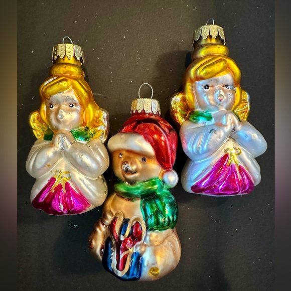 Vintage Ornaments Set of 3, Made in China. 2 Angels, 1 bear Hand blown NO BOX - Picture 2 of 10